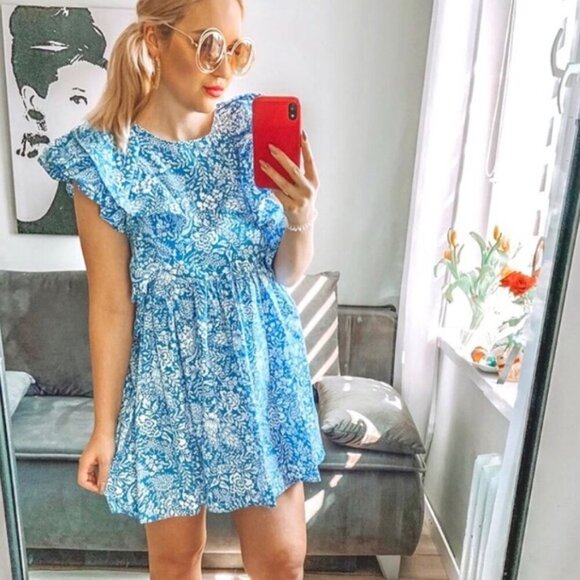 Zara Floral Ruffle Sleeve Cotton Poplin Mini Dress Blue White Size Large - Picture 2 of 14